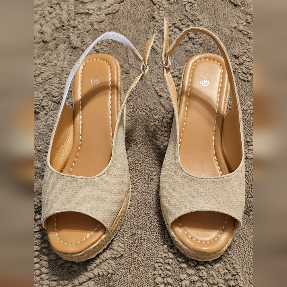 Beige Open-Toe Slingback Wedge Sandals